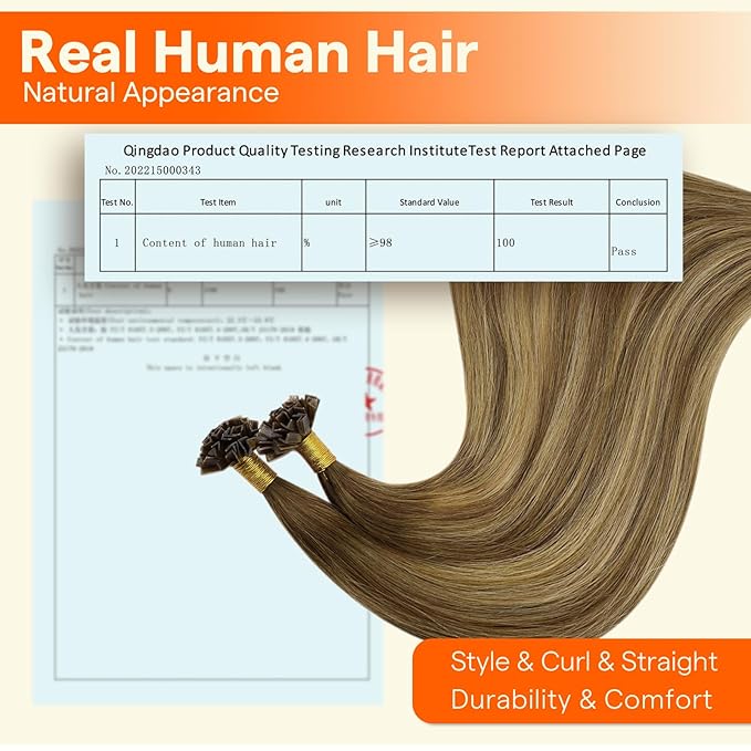 Full Shine K Tip Hair Extensions Real Human Hair Brown Ombre Blonde and Brown Keratin Human Hair Extensions 24 Inch Long Straight Hair Fusion Extensions 50 Grams add Length