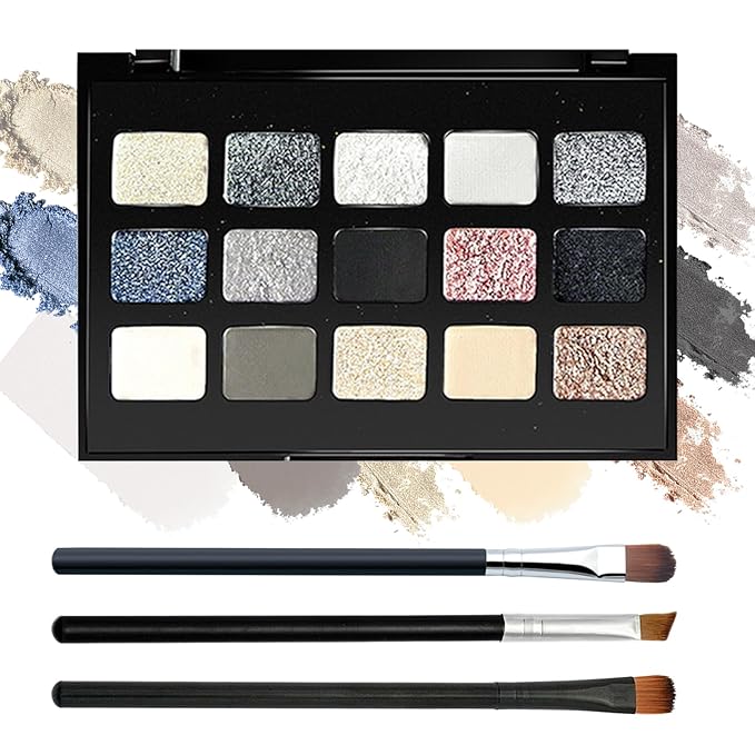Black Grey Smoky Eyeshadow Palette,15 Colors Matte Shimmer Pigmented Eye Shadow Makeup Palette Set with 3 Eyeshadow Brushes,Glitter Eyeshadow Makeup Palette for Daily Halloween Goth Makeup(M)