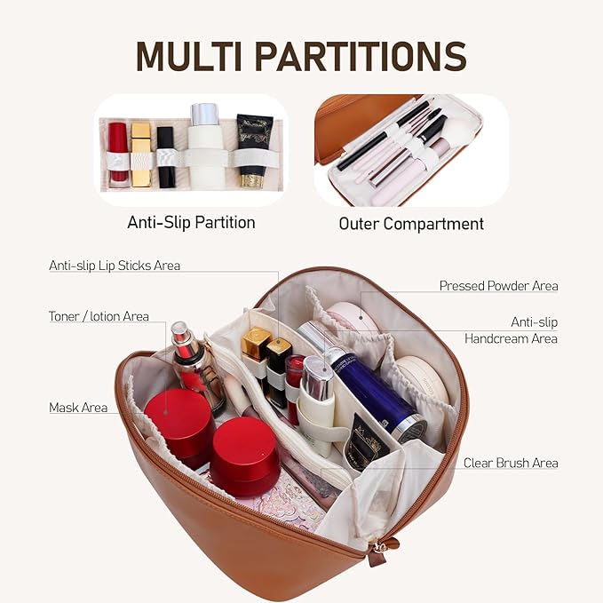Large Capacity Cosmetic Bag for Women, Waterproof PU Leather Makeup Bag for Travel,Toiletry Bag Make up Organizer with Divider and Handle (Brown)