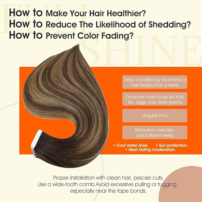 Full Shine Brown Tape in Hair Extensions Human Hair 20Inch Tape in Extensions 2/3/27 Brown Roots Caramel Blonde Human Hair 50G 20Pcs Seamless Skin Weft Human Hair Extensions Double Sided Adhesive Tape