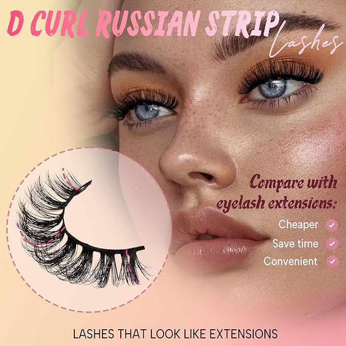 Ahrikiss Russian Strip Lashes That Look Like Extensions D Curl Fluffy False Eyelashes 10 Pairs Wispy Natural Fake Lashes Pack Fluffy 3D Volume Fake Lashes (D02)