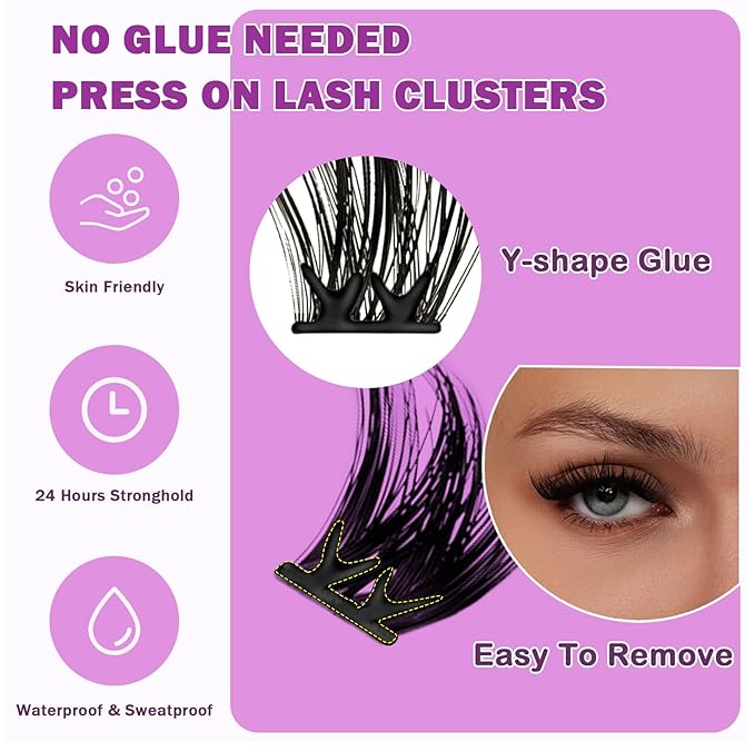 Self Adhesive Eyelashes 80Pcs Self Adhesive Lash Clusters Press On Lashes No Glue Needed Pre-Glued Glueless Lashes Clusters No Remover No Residue with Tweezers（Thick-Volume）