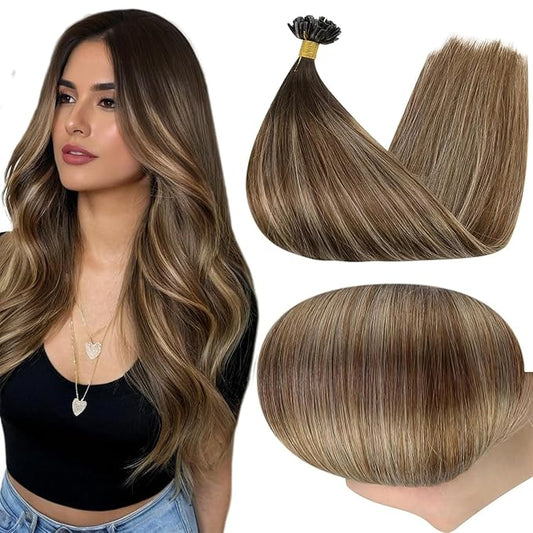 Full Shine Utip Human Hair Extensions 18 Inch 50 Grams Dark Brown Ombre to Brown Highlight Blonde Keratin Tip Hair Extensions Human Hair Straight Natural Extensions add Length