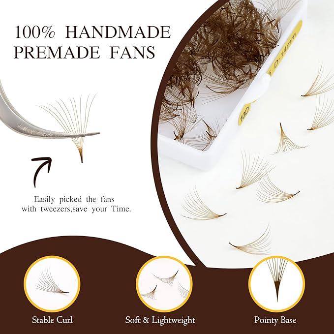 500 Premade Fans Lash Extension 10D 0.05 D Curl Dark Brown Promade Fans 14mm Premade Lash Fans Middle Stem Handmade Loose Fans Soft Pointy Base Volume Pre made Eyelash Fans(10D,0.05-D-14MM)