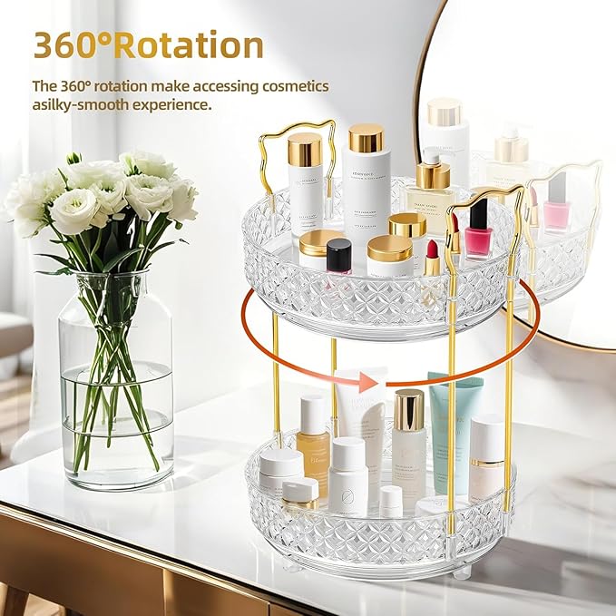 360 Rotating Rotating Makeup Organizer for Vanity, 3 Tier Perfume Skincare Organizers and Storage for Bathroom Countertop, Clear Spinning Counter Cosmetic Holder for Dresser,Clear