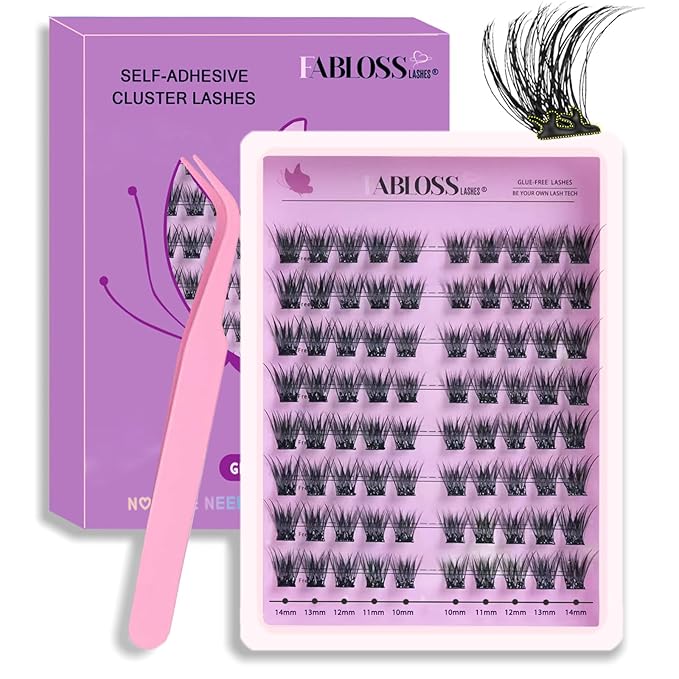 Natural Self Adhesive Eyelashes 80Pcs 10-14mm Self Adhesive Lash Clusters Press On Lashes No Glue Needed Pre-Glued Glueless Lashes No Remover No Residue with Tweezers(Natural Look)
