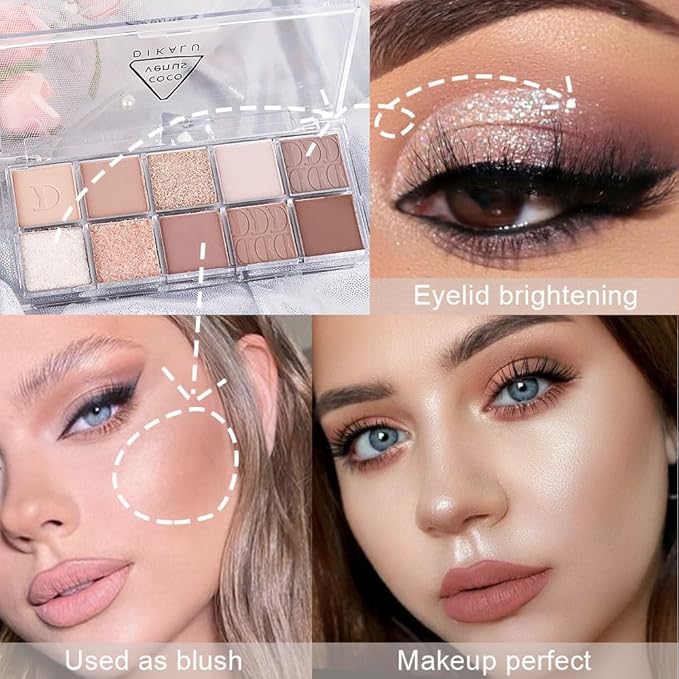 10Colors Light Brown Nude Silver Eyeshadow Palette Makeup,Natural Neutral Eye Shadow,Naturing-Looking Long Lasting Waterproof Blendable Hypoallergenic Suitable for Beginners