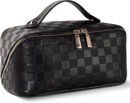Abiudeng Travel Makeup Bag,Large Capacity Toiletry Bag Cosmetic Bags for Travel Essentials,Waterproof Portable Pouch Open Flat Makeup bag Organizer with Divider and Handle(Checkered-Black)