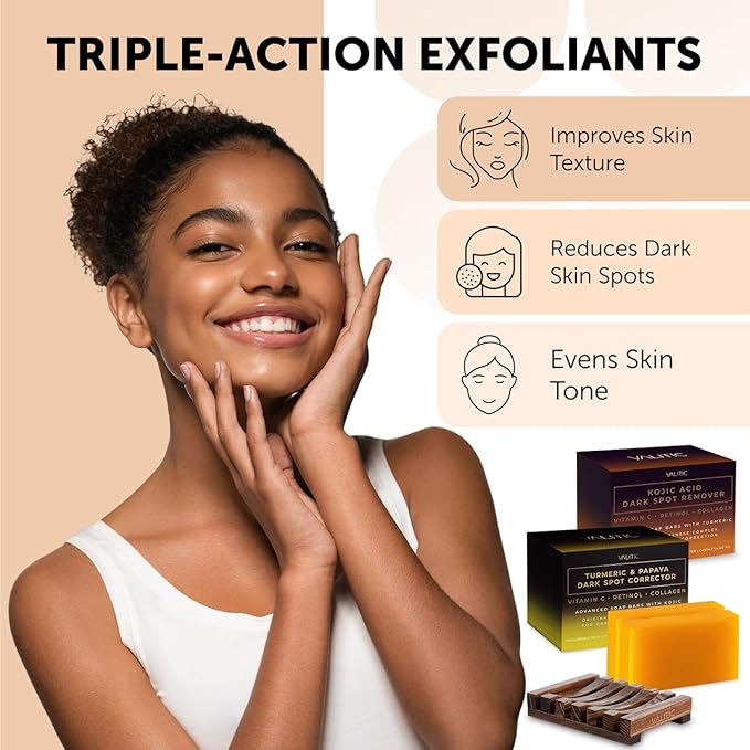 VALITIC Papaya and Turmeric Kojic Acid Soap Bar - Dark Spot Corrector Skin Care Cleansing Bar - Infused with Vitamin C, Hyaluronic Acid - Papaya 2 Pack, Kojic 2 Pack, Holder