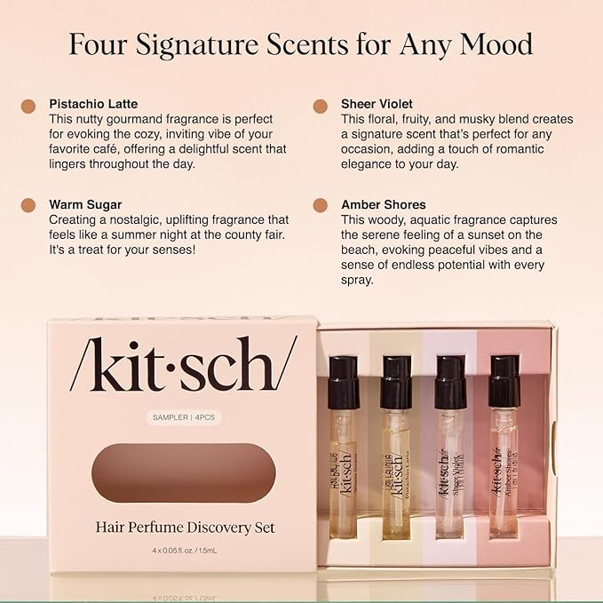 Kitsch Hair Perfume For Women (Discovery Set) - Pistachio Latte, Warm Sugar, Sheer Violet & Amber Waves - Patented Odor-Eliminating Technology, Hair Spray and Body Mist - 4 x 1.5mL
