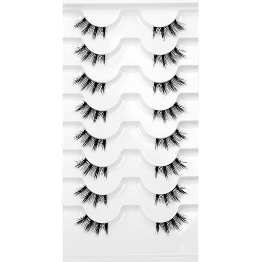 Natural Half Lashes Strips for Nude Makeup Spiky Short Doe-Eye Asian Eyelash Falsies 8 Pairs 3/4 Band Wispy Small Accent Lashes Fairy Wispies Cat Eye Clusters Faux Mink Extensions Fake Eyelashes