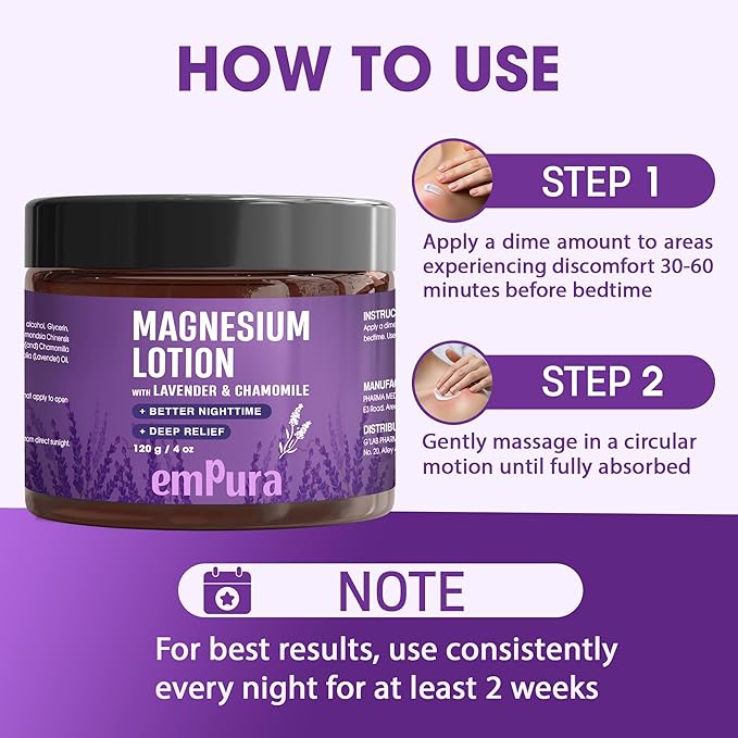 Lavender Magnesium Lotion, Nighttime Magnesium Cream with Chamomile, Shea Butter & Jojoba Oil - Muscle Relief & Relaxation for Legs, Arms, Feet - Christmas Gifts for Women (4oz)