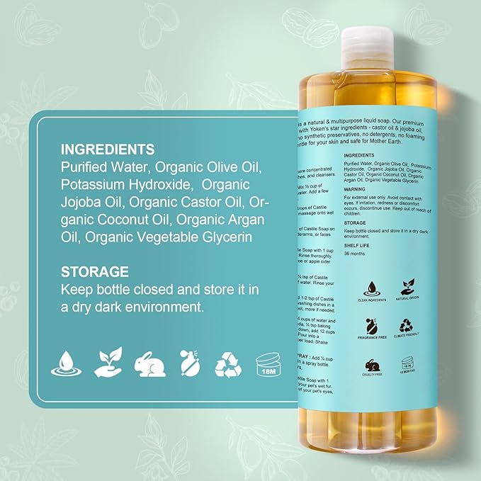 EWG Verified Castile Soap Liquid Unscented 33.8 fl oz Pure Castile Liquid Cleanser Made With Organic Oil, Clean & Gentle, Natural Castor Oil Soap for Body Wash, Hand, Dishes, Laundry