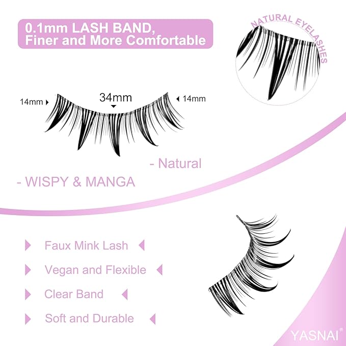 Fairy Lashes Manga Lashes Yasnai Clear Band False Eyelashes Wispy Lashes Fake Lashes Natural Look Eyelashes Wet-Look Spiky Anime Strip Lashes 7 Pairs Pack