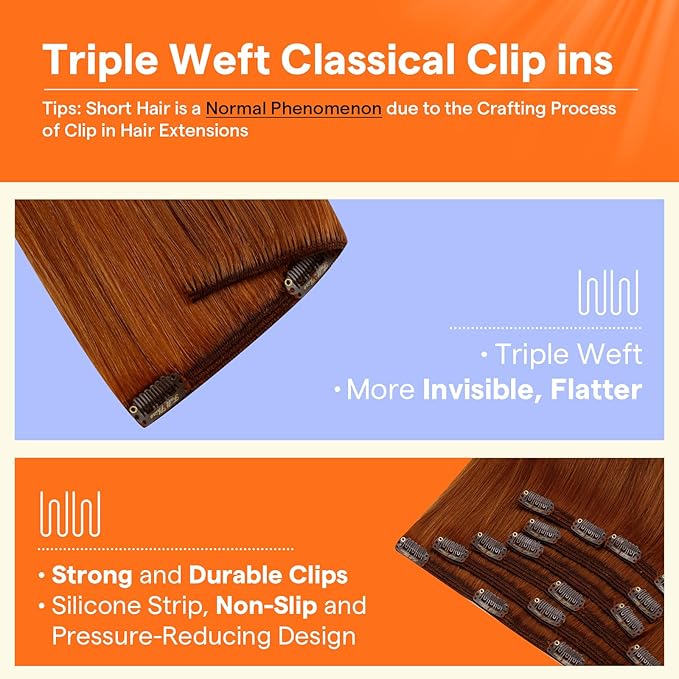 Full Shine Clip in Hair Extensions 24 Inch Copper Human Hair Clip in Extensions Straight Invisible Hair Brazilian Remy Human Hair Copper Red 7 Pcs