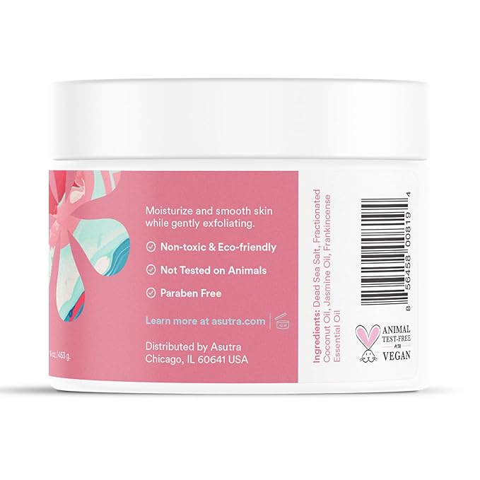 ASUTRA Dead Sea Salt Essential Oil Body Scrub Exfoliator (Refreshing Jasmine), 16 oz - Ultra Hydrating, Gentle, & Moisturizing - Coconut, Jasmine, and Frankincense Oils