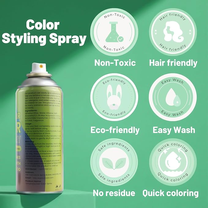 Green Hair Spray, Temporary Hair Color Spray for Women Men– Safe Non Sticky Washable One Day Hair Dye Spray, Disposable Accessories Included, for Halloween Cosplay Party DIY Costume Pet Fun