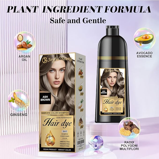 3-in-1 Natural Hair Dye Shampoo & Hair Repair Conditioner Bundle - Gray Coverage & Deep Moisture - Vegan, Sulfate-Free, Color-Safe - Argan Oil, Collagen - 2x400ml (ASH BROWN)
