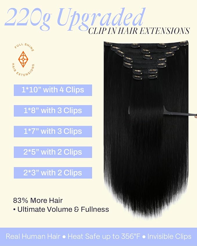 Full Shine Black Hair Extensions Clip in 24 Inch 220 G Clip ins Real Human Hair Black Women for Full Head 7 Pcs
