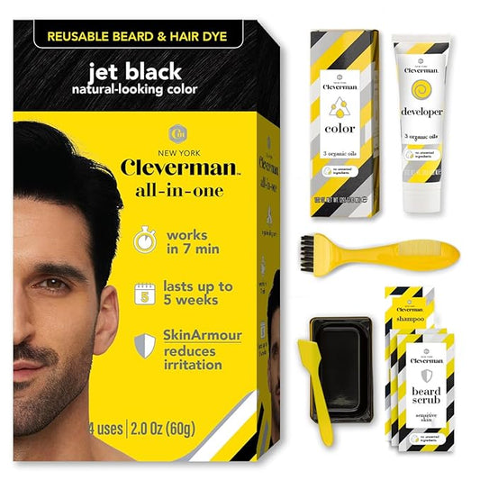 CLEVERMAN Jet Black Hair & Beard Dye for Men, All-in-One Reusable Kit - Permanent, Ammonia-Free, Professional-Quality and Natural-Looking Gray Coverage for Hair, Beard & Mustache