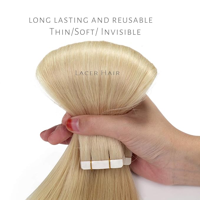 Lacer Tape in Hair Extensions Human Hair - Platinum Blonde Hair Extensions Tape in - Tape Attached Skin Weft Invisible Double Side 20pcs/set 50 Grams 18 Inch