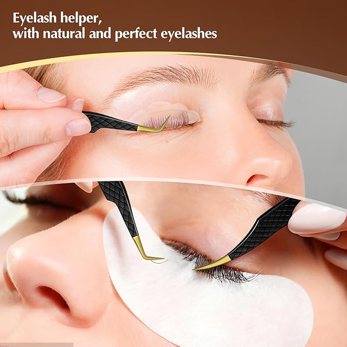 2 Pack Eyelash Extension Tweezers, Professional Pointed & Slanted Tweezers for Eyelash Lifting, Lash Extension Application, False Eyelashes, Made of Premium Surgical Stainless Steel (Black)