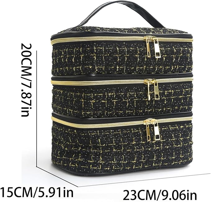 Travel Makeup Bag for Women Three Layer Large Cosmetic Case Water-resistant Toiletry Bag Organizer for Store Toiletries Cosmetic Accessories and Manicure Sets Gold Black