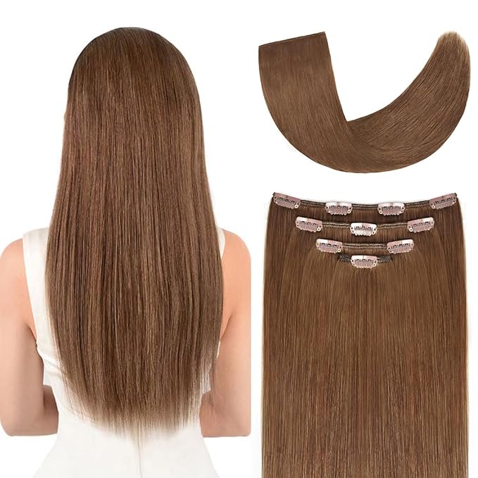 12" Hair Extensions clip in Human Hair for Women - Silky Straight Remy Hairpieces Clip on 50grams 4pieces Ash Brown Color