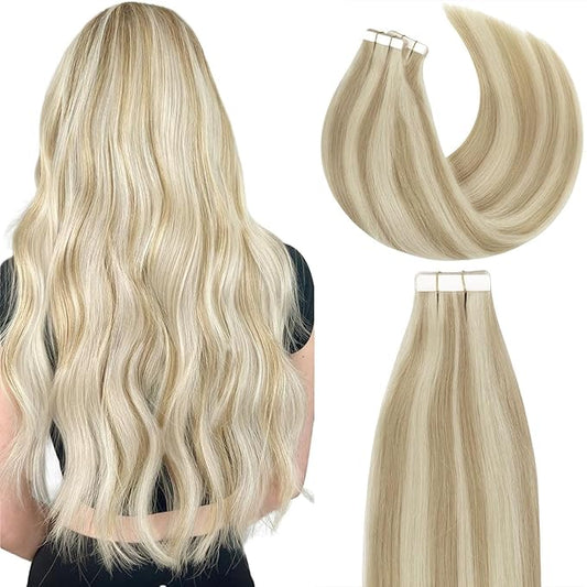 Lacer Hair Extensions Real Human Hair Tape in Silky Straight Ash Blonde to Light Blonde Tape in Extensions Human Hair 24 Inch 50G 20Pcs Tape Ins