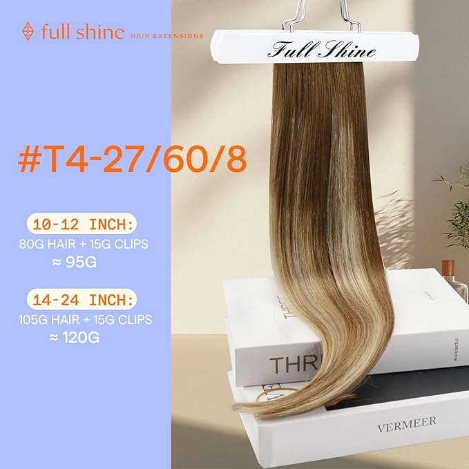 Full Shine 22 Inch Clip in Human Hair Extensions 120 G Remy Hair Extensions Clip in Human Hair for Length Medium Brown Balayage Platinum Blonde Mix Light Brown 7 Pcs