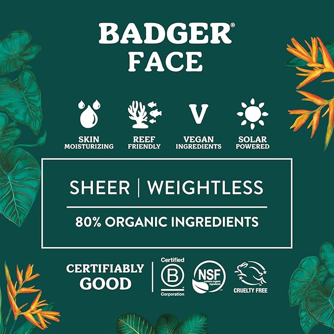 Badger Zinc Oxide Face Sunscreen SPF 30, Lightweight Mineral Sunscreen for Face, Matte Finish, No White Cast, Vegan, Water Resistant, Unscented, Mineral Sunblock Facial Lotion, 1.7 fl oz, 2-Pack