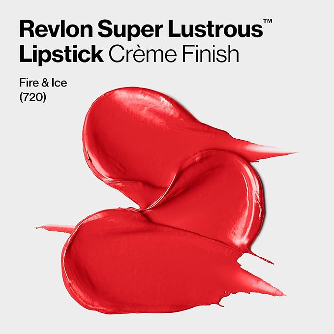 REVLON Super Lustrous Lipstick, High Impact Lipcolor with Moisturizing Creamy Formula, Infused with Vitamin E and Avocado Oil in Reds & Corals, Fire & Ice (720) 0.15 oz (Pack of 2)