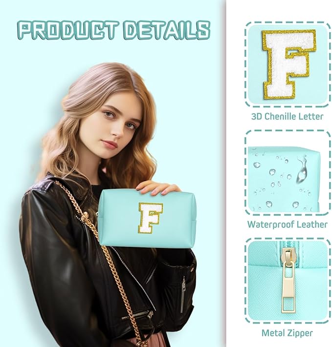 TOPEAST Preppy Makeup Bag, Small Cosmetic Travel Bags for Women, PU Leather Waterproof Toiletry Bag with Zipper, Personalized Birthday Gift for Women Girl, Preppy Gifts for Girl (Blue Z)