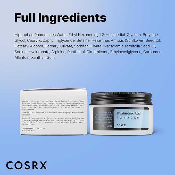 COSRX Hyaluronic Acid Moisturizing Cream, Long-lasting Hydration, Rich Moisturizer for Sensitive Skin 3.52 oz / 100g, Korean Skin Care, Stocking Stuffers, Animal Testing Free, Parabens Free