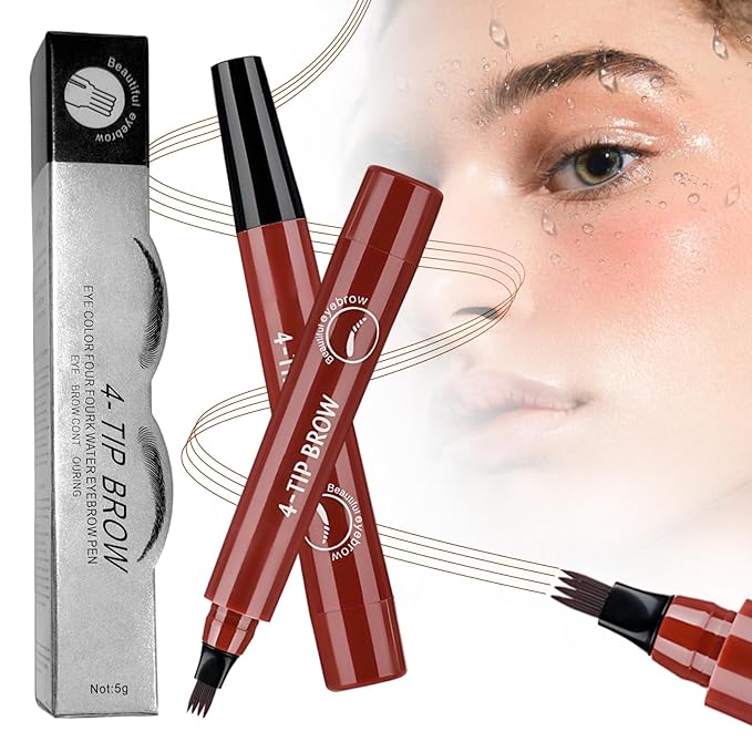 2Pcs Microblading Eyebrow Pencil for Women, Upgraded Waterproof Microblading Eyebrow Pencil with 4 Fork, Long-Lasting Fine Stroke Magic Eyebrow Pencils for Natural Makeup (Red Brown)