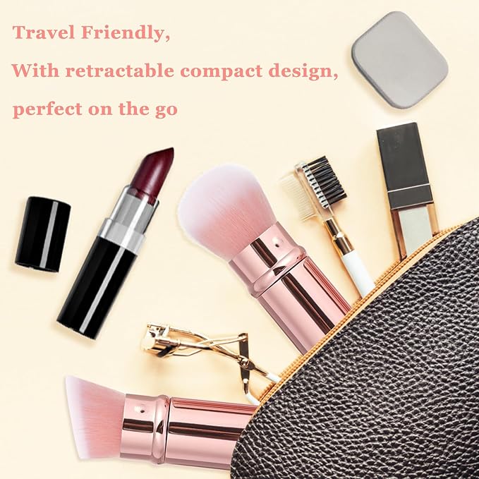 Retractable Makeup Brush 2 Pack, Travel Kabuki Powder Makeup Brush, Foundation Face Blush Brushes for Blending Liquid, Blush, Bronzer, Buffing, Sunscreen,Flawless Cosmetics