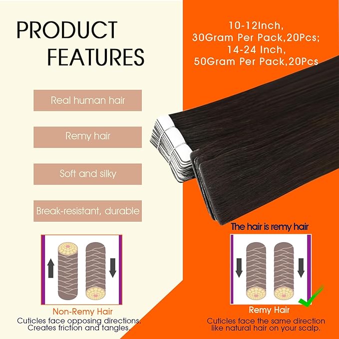 Full Shine Intact Tape in Extensions Human Hair Injected Human Hair Extensions Tape in Color 2 Dark Brown Remy Seamless Skin Weft Long Silky Straight Extension 18Inch 50Gram 20Pcs Brazilian