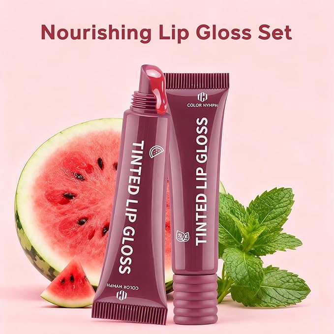 Color Nymph Tinted Lip Gloss Duo, Nourishing Lip Balm Set with Shea Butter & Vitamin E, Non-Sticky Intense Hydrating Lipgloss for Dry Lips, Sheer Tint | Vegan & Cruelty-free, #02 Watermelon & Mint