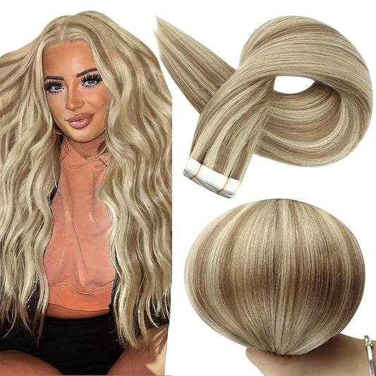 Full Shine Tape in Hair Extensions Human Hair 16Inch Blonde Human Hair Extensions Highlight Golden and Medium Blonde Invisible Tape in Extensions 50Gram 20Pcs Double Sided Seamless Skin Weft