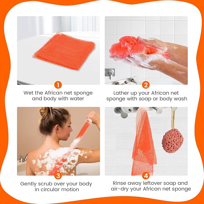 African Net Sponge, Authentic Exfoliating Body Scrubber for Bath and Shower, Multiple Textures with Gentle Deep Exfoliating and Rich Lather for All Skins (Orange)