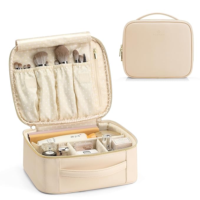 Vlando Travel Makeup Bag, Makeup Bag Organizer,Gift Ideas for Women Girls,Makeup Storgae Bag with Dividers and Handle,Gifts for Christmas,Birthday,Wedding Beige