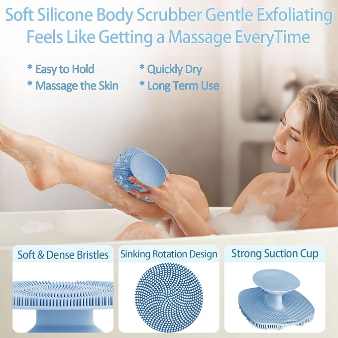 Soft Silicone Body Scrubber Gentle Like a Hand Exfoliating Your Skin and Build Up Lather Easily, Back Large Suction Cup Easy to Store, Long-Lasting & Deep Clean (Blue)