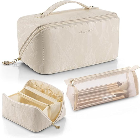 Vlando Makeup Bag,Large Capacity Toiletry Bag for Women Waterproof Portable Make up Pouch PU Leather Open Flat Cosmetic Bag(Cream White)