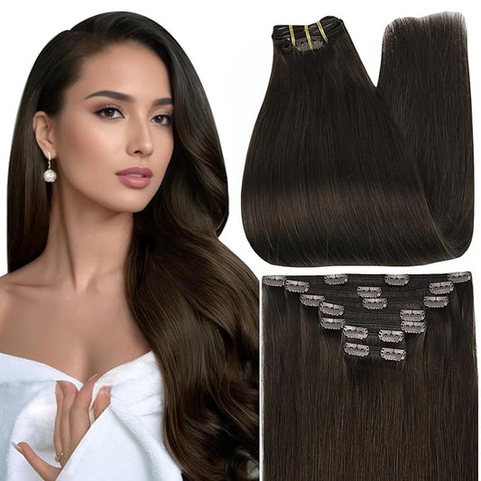 Full Shine Clip on Hair Extensions for Women 12 Inch Short Dark Brown Clip in Hair Extensions for Short Hair 7 Pieces 95 G