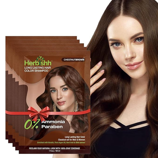 Herbishh Chestnut Brown Shampoo for Gray Hair, Hair Dye Shampoo 3 in 1, 100% Grey Coverage, Instant Permanent Shampoo for Men & Women, Long-lasting & Travel-friendly, Ammonia-free, 30 ml (Pack of 5)