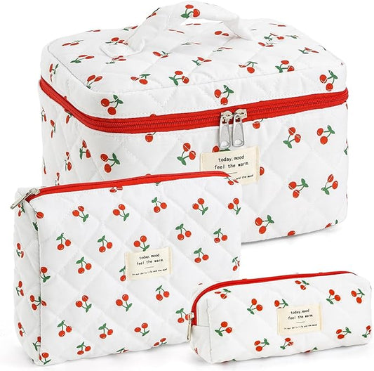 Makeup Bag for Women 3PCS Quilted Cotton Make Up Bag Travel Cosmetic Bag Large Makeup Bag Set Cute Makeups Organizer Floral Toiletry Pouch for Purse, Cherry