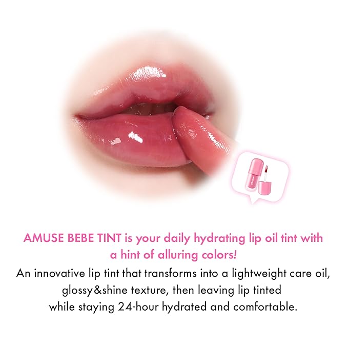 Amuse SEOUL BEBE TINT - 01 BOKSOONGA LOVE | 24-hour Long-lasting Lip Stain, Plumping, Hydrating, Moisturizing, No Peel Off, Lip Care, Treatment, Non Sticky, Korean Lip Tint for Dry Lips