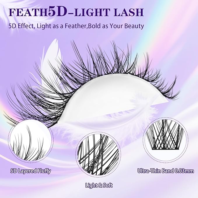 B&Q Lash Clusters Kit 132 pcs 5D Layered Volume Lash Extension Kit 8-18 mm Feathery Soft Lightweight Eyelash Clusters with Waterproof Bond and Seal Eyelash Applicator Remover (Set-Feath5D 07)
