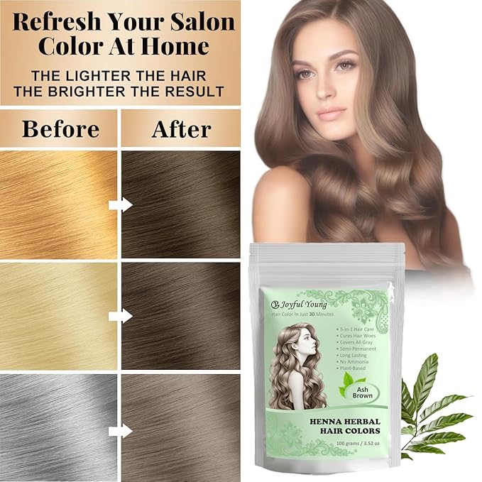 3IN1 Henna Hair Color - 30 Min Fast Herbal Hair Dye for Gray Coverage, Conditioning & Hair Treatment - No Ammonia, Semi-Permanent, Plant-Based (ASH BROWN)