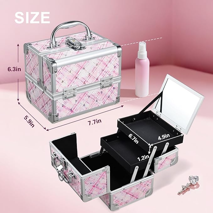 FRENESSA Makeup Train Case Portable Makeup Case Organizer Cosmetic Box Make Up Box Makeup Organizer Cases with Mirror Locking Nail Kit Organizer Travel Case Pink Plaid
